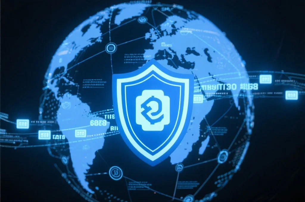 一个安全可靠的网络环境，由数字盾牌和加密图标组成